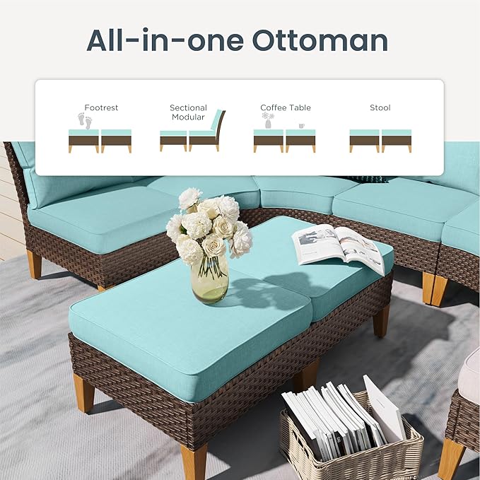 PHI VILLA Half-Moon Patio Furniture Set with 56" Fire Pit Table, Wicker Outdoor Curved Sectional Sofa with Cushions, Ottomans, Large Conversation Seating for Garden or Backyard, Aqua Blue