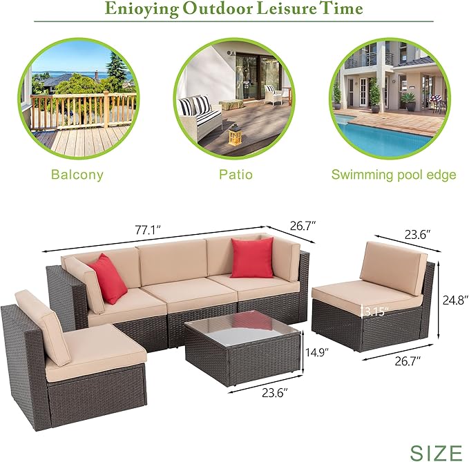 Vongrasig 7 Piece Patio Furniture Set with Propane Fire Pit, Outdoor Conversation Sets Wicker Rattan Sectional Sofa with Coffee Table, 43” Propane Gas Firepit Table with Lid, Beige