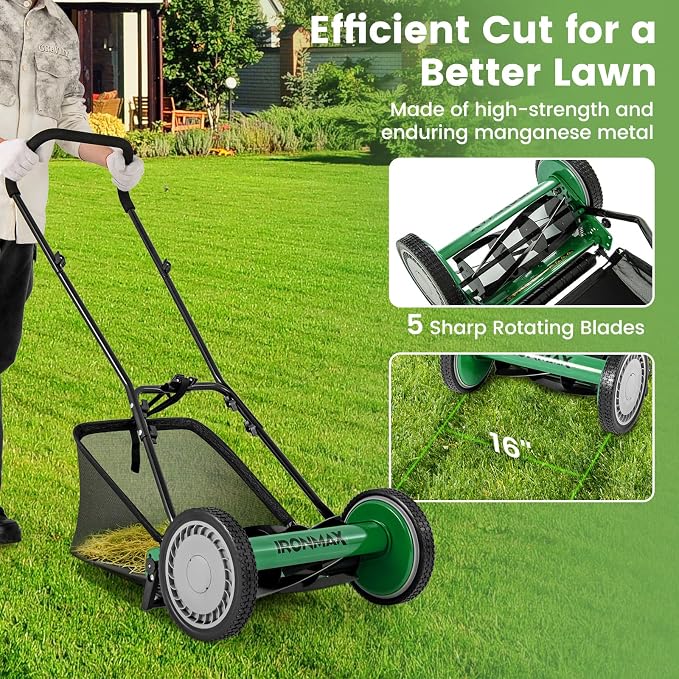 IRONMAX Lawn Mower, 16 Inch Push Reel Lawn Mower with 5 Steel Blades, Adjustable Cutting Heights, Grass Catcher Bag, Walk-Behind Manual Lawnmower for Garden Park Yard, No Motor (Green, 16 Inch) - Image 4