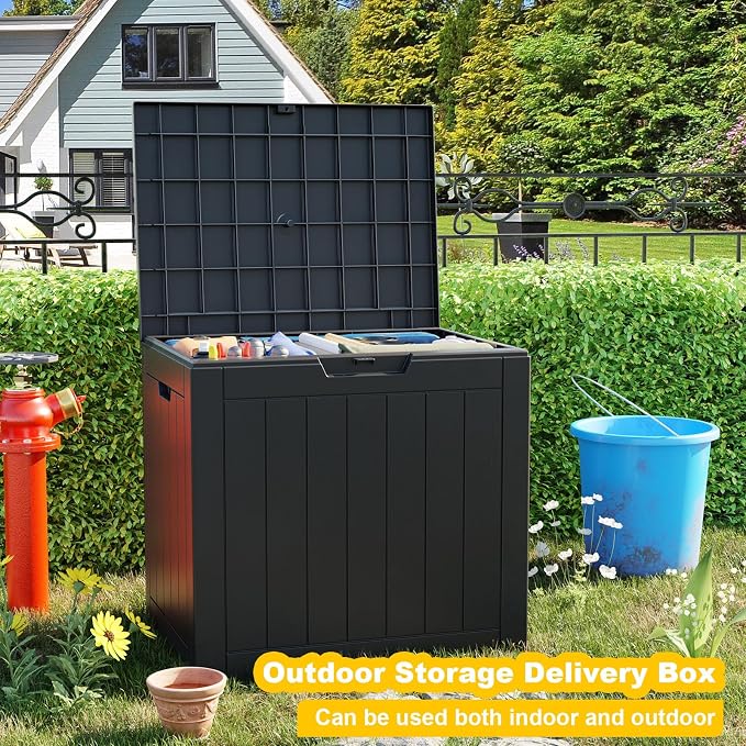EasyUp 33 Gallon Resin Deck Box Waterproof, UV Resistant Outdoor Storage Box for Delivery, Porch, Patio and Garden, Stripe Black - Image 6