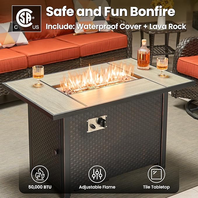 ovios 5-Piece Patio Furniture Set with Swivel Chairs Coffee Table, Outdoor Wicker Sofa with 42" Fire Pit Table, High Back Couch Modern Conversation Sets, Brown/Orange Red