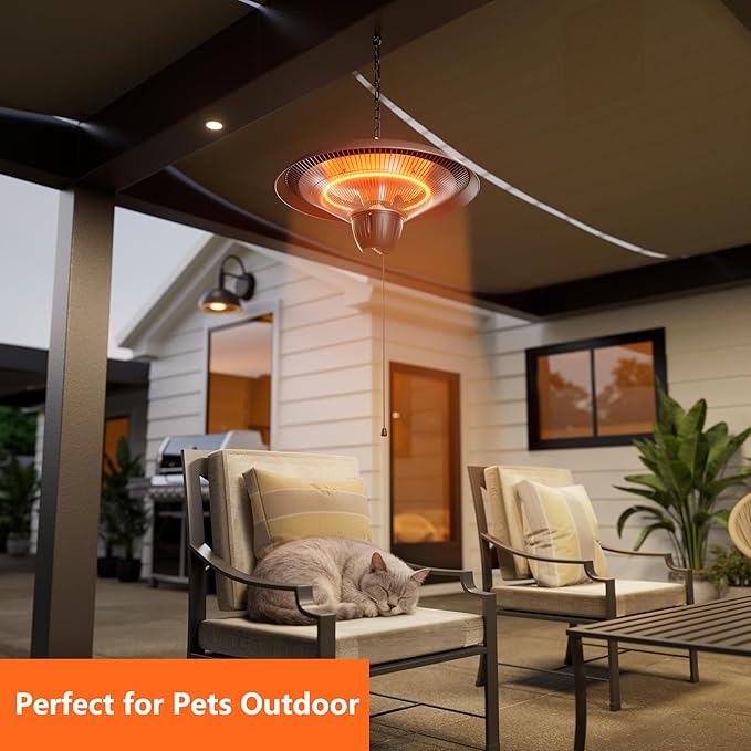 Patio Heater for Outdoor Use 1500W Electric Infrared Hanging Heater, Ceiling Mounted, Waterproof for Porch, Garage, Balcony, Overheat Protection (Brown)