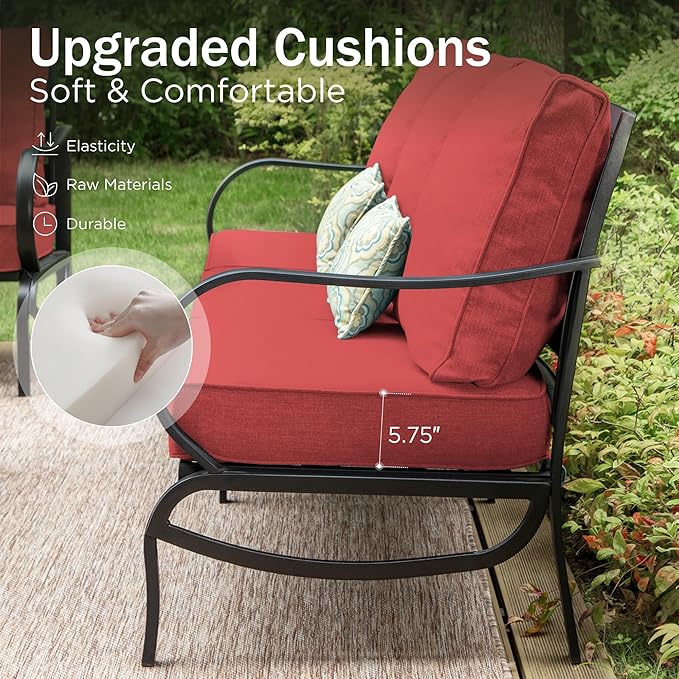 PHI VILLA 4 Piece Patio Furniture Sets for 5 Person with 1 x 3-Seat Deep Seating Bench, 2 x Cushioned Swivel Sofa Chairs & 1 x Coffee Table, Outdoor Metal Conversation Set for Lawn Garden, Red