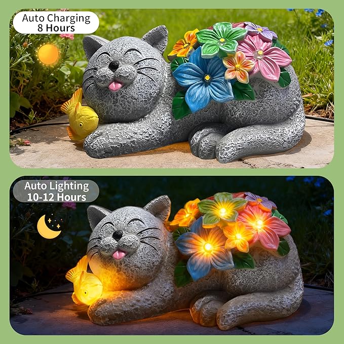 Solar Garden Outdoor Statues Cat Figurine Lights - Yard Decorations for Patio,Balcony,Lawn Ornaments - Unique Housewarming and Birthdays Gifts for Mom Women