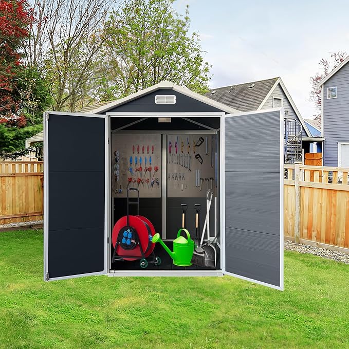 YOPTO 6x4 FT Storage Shed,Plastic Outdoor Storage Shed with Floor and Lockable Door,Waterproof Garden Shed W/Windows & Vents,Sloped Roof,Tool House for Storing Bicycles,Lawnmowers,Cold Grey by Unknown