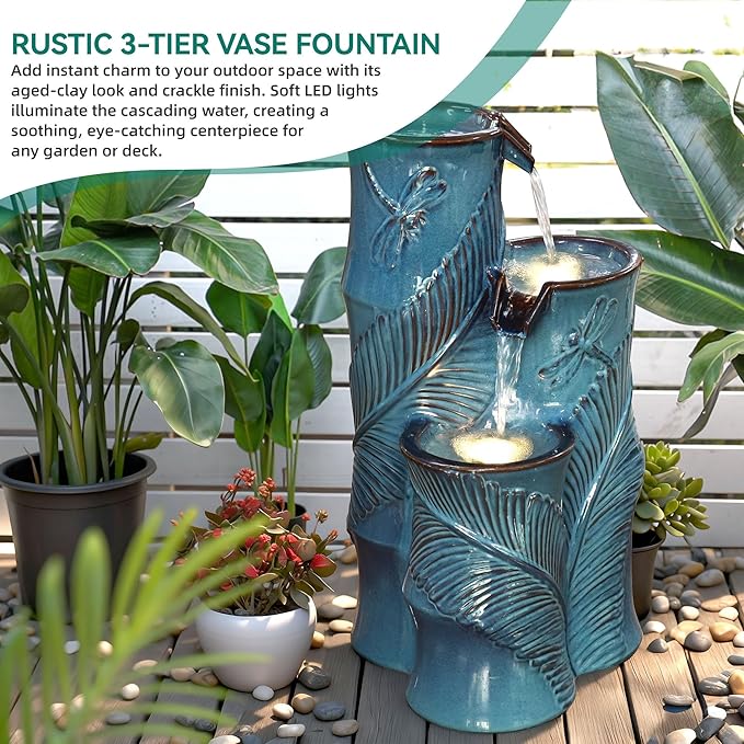 25.5" H Ceramic Outdoor Water Fountain with LED Lights, 3-Tier Bamboo-Style Water Feature with Leaf & Dragonfly Patterns, Soothing Tranquil Waterfall for Garden, Patio & Yard, Teal Blue