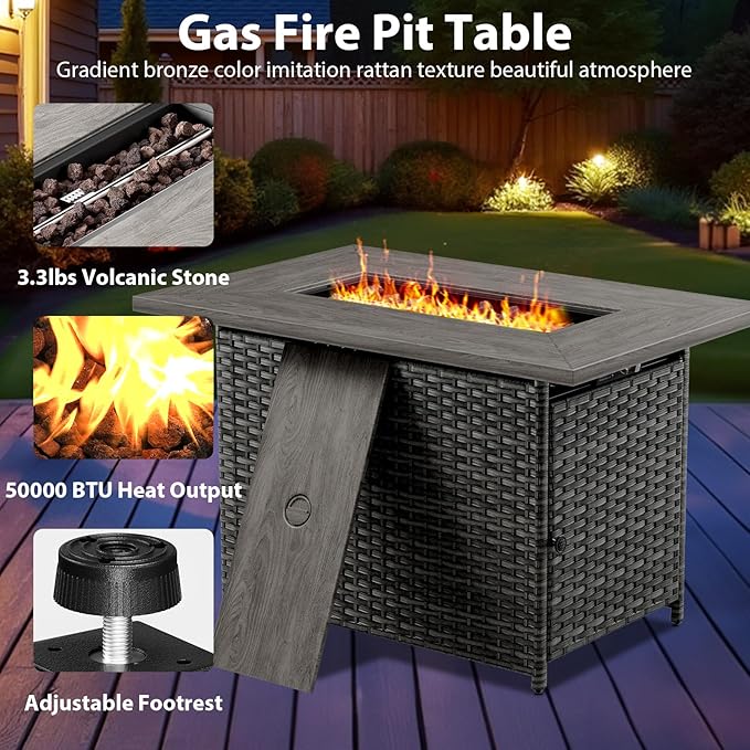 6 Piece Wicker Patio Furniture with Fire Pit Table - Outdoor Conversation Set with 50,000 BTU Fire Pit, All Weather Rattan Patio Set for Deck Backyard Garden - Grey Wicker Blue Cushion