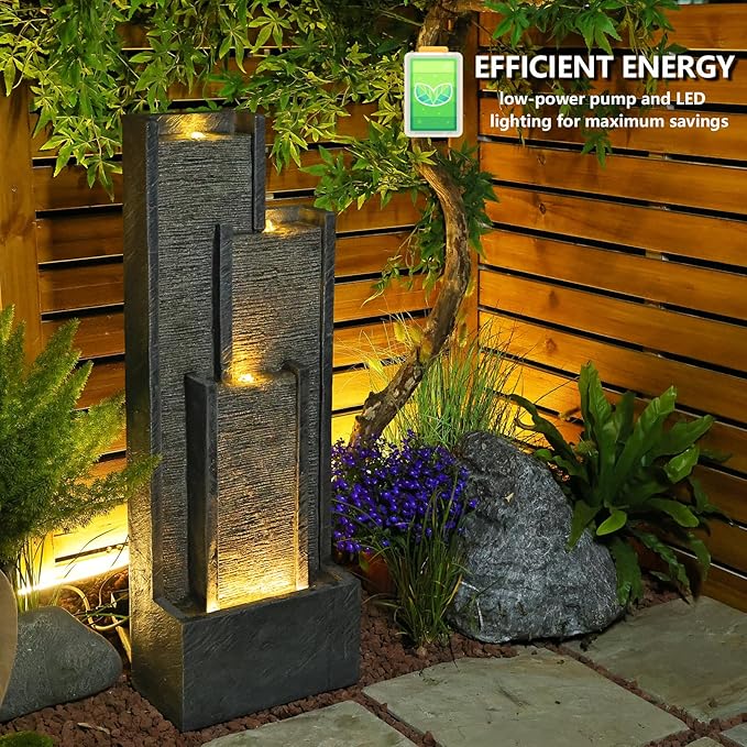 Indoor Water Fountain 39.3” H Modern Cascading Floor - Standing Fountan Contemporary Curves Watefalls for Porch, Office, House, Garden, Patio