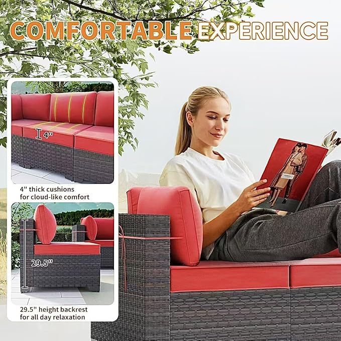 Gotland 9 Pieces Patio Furniture Set with 29.5'' High Backrest, All Weather PE Wicker Outdoor Furniture with 4’’ Thickened Cushions Coffee Table, Patio Set for Deck, Garden, Backyard, Red
