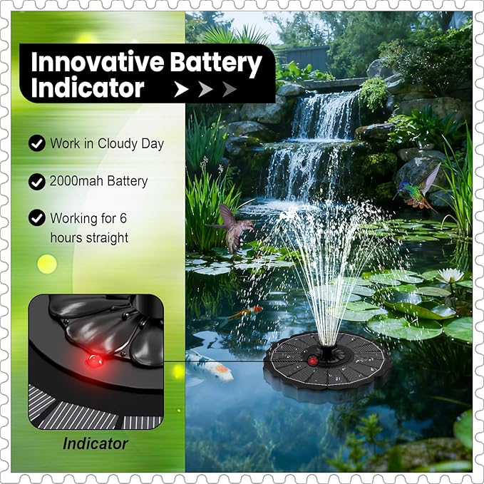 Yzert Solar Fountain with 2000mAh Battery & Innovative Indicator Works in Cloudy Day, 3.5W 2026 Glass Solar Water Fountain Pump Flower Shape with 7 Nozzles for Bird Baths, Pools, Outdoors (Black)