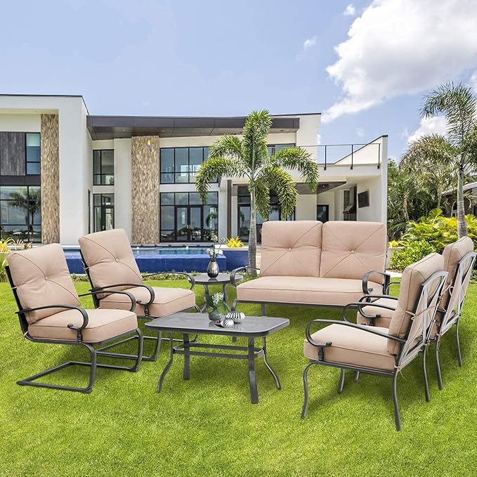SOLAURA Outdoor Metal Furniture Sets 7-Piece Patio Conversation Set (2 Spring Chairs, 2 Patio Chairs, Loveseat with Coffee Table and Side Table), Brown