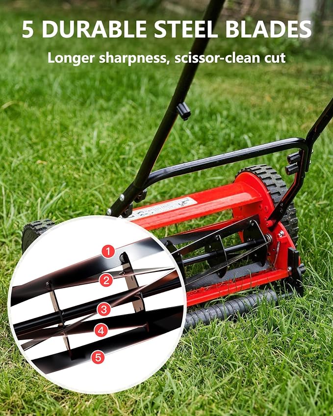 14" Hand Push Lawn Mower, 5-Blade Push Reel Lawn Mower with Adjustable Cutting Height, Quiet Eco-Friendly Manual Lawnmower for Home Garden - Image 3