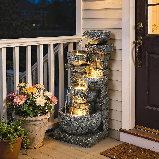 Outsunny 31.5" Tall 5 Tiers Outdoor Water Fountain, Waterfall Fountain with Warm LED Lights, Outdoor Cascading Water Feature for Garden Patio Backyard Porch Home Decor, Stone Gray