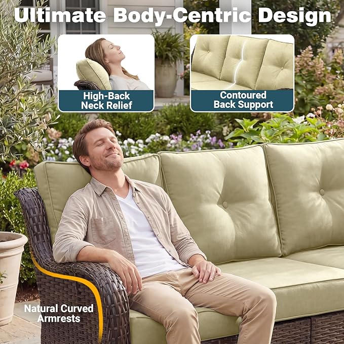 Patio Furniture Set, 10PCS Outdoor Wicker Conversation Set with 6" Thick Cushions, High Back Rattan Sofa & Swivel Rocker Chairs, Weather Resistant Olefin Fabric for Garden, Poolside, Beige