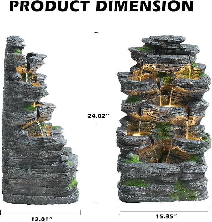 Grepatio Outdoor 7-Tiers Cascading Rock Water Fountain, Waterfall Fountain with 6 LED Lights, Outdoor Fountains and Waterfalls for Garden or Patio, Yard, and Deck Decor with Natural Stone Look
