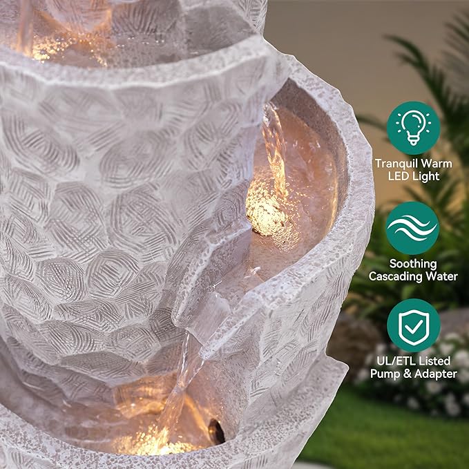 28" 4-Tier Twist Water Fountain with Rotating Crystal Ball, Exclusive Honeycomb Texture, Cascading Waterfalls, Weather-Resistant Outdoor Fountain Creates Tranquil Oasis for Garden Patio
