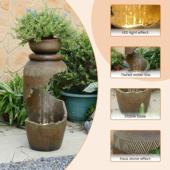 Free Standing Garden Fountain with Planter, Tiered Urn Water Fountain Outdoor, Cascading Waterfall Resin Fountain for Patio, Yard, Porch and Home Décor, Cracked Urn Design(Terracotta Brown)