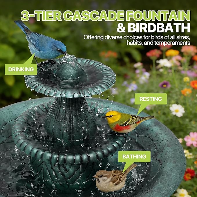 Magshion 37" Tall 3-Tier Outdoor Water Fountain, Pedestal Bird Bath for Outside, Cascading Water Feature and Birdbath for Garden, Patio, Deck, and Backyard, 1.3-Gallon (5L) Capacity, Green