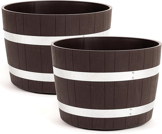 RTS Home Accents 100% Recycled Polyethylene 18 inch Heavy Duty Better Barrel Planter with Rusting Steel Bands, Walnut Color (Pack of 2)