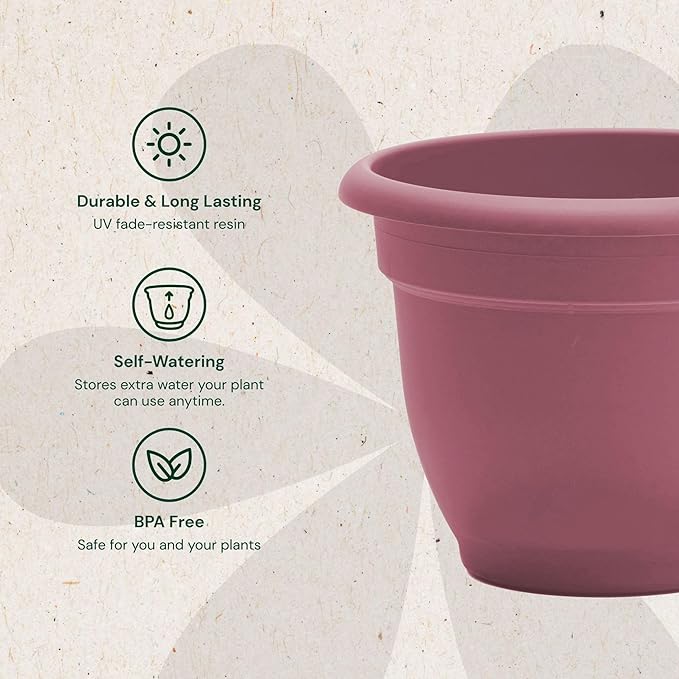 Bloem Ariana 8" Dusty Rose Round Self-Watering Resin Planter Pot - Rolled Rim Indoor and Outdoor Gardening Planter