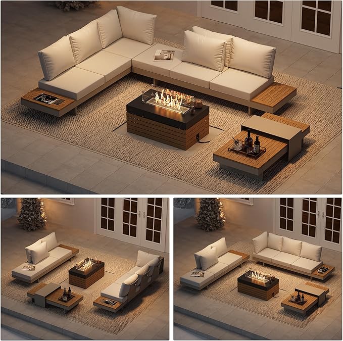 homary Patio Conversation Sets with Fire Pit-Modular Outdoor Sofa Aluminum & Teak Outdoor Sofa Se with Glass Wind Guard Ideal for Patios & Balconies, Light Gray