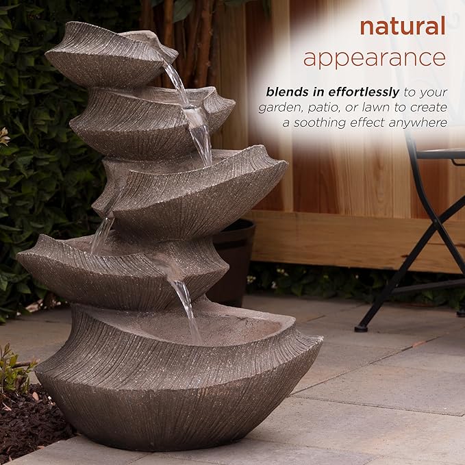 Alpine Corporation WIN1332L-BR Outdoor Floor Tiered Basin Fountain with LED Lights, Modern Basin Garden Fountain 31", Brown