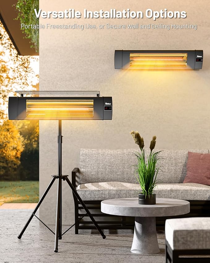 DR. INFRARED HEATER Carbon Infrared Patio Heater with Tripod, Remote Control, Optional On/Off Tip-Over Protection, Freestanding or Wall-Mounted, Black