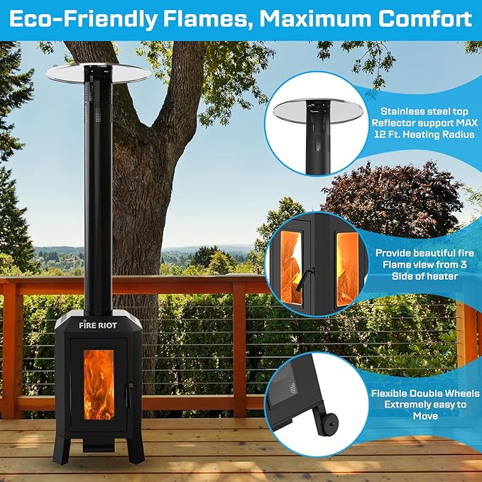 Outdoor Patio Heaters, 75,000 BTU Wood Pellet Outdoor Patio Heater with Glass Window, Pellet Heaters for Outdoor Use, Home, Gardens & Commercial