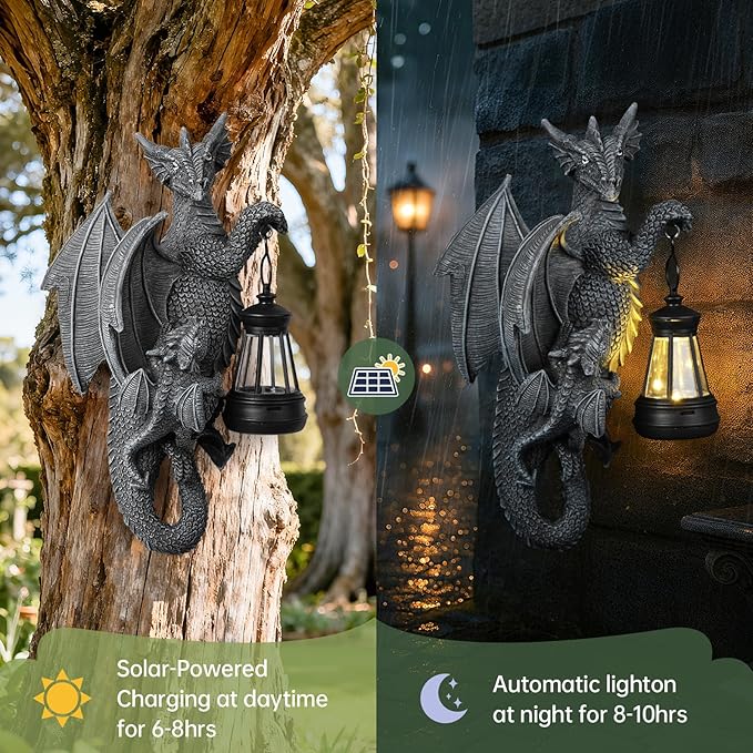 Solar Garden Decor Dragon Tree Hugger Statue | Outdoor Lawn Ornament with LED Light for Yard, Patio, Balcony | Unique Fantasy Dragon Figurine Gift for Women, Mom, Grandma