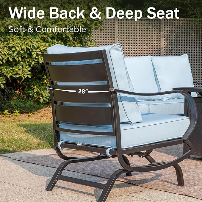 PHI VILLA Patio Conversation Set for 2, Deluxe Outdoor Patio Set with 2 C-Base Padded Sofa Chair(Blue)