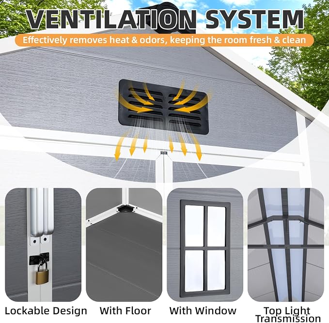 MELLCOM 8 x 8 FT Resin Outdoor Storage Shed with Floor, Storage Tool Shed with Windows and Lockable Door, Resin Garden Shed for Lawnmower, Bike, Pool Supply - Image 8