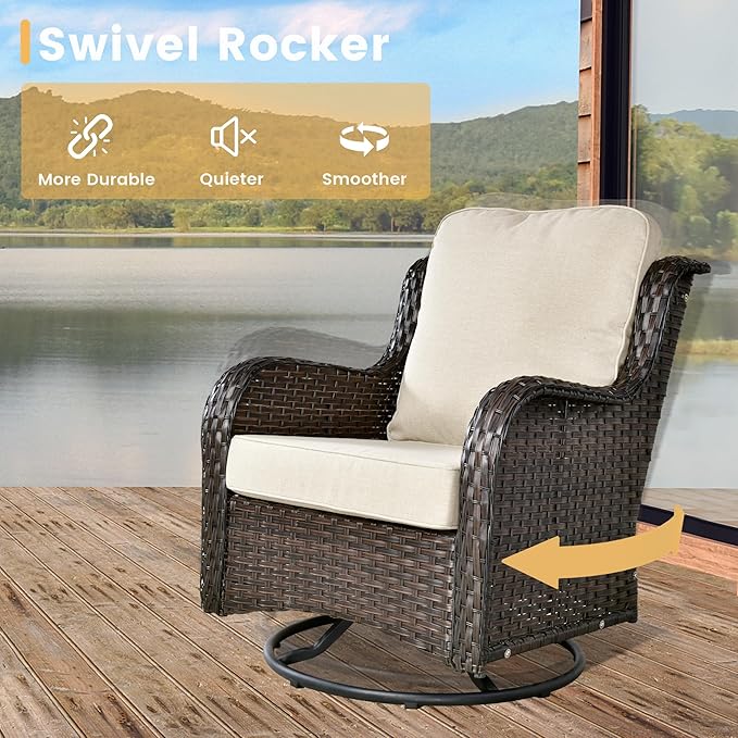 HOOOWOOO Patio Furniture Set,3 Piece Outdoor Furniture with Swivel Chairs,Wicker Patio Bistro Chairs Set,Beige