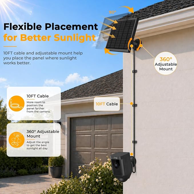 8W Solar Panel for Ring Camera, 3-Pack Solar Panel Charger Compatible with Ring Stick Up Cam Battery, Spotlight Cam Battery, Includes Barrel Plug to USB-C Adapter, IP65 Waterproof, 10ft Cable - Image 9