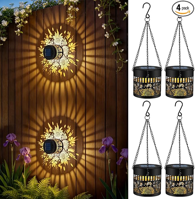 Forlivese 4 Pack Solar Lanterns Outdoor Waterproof, Sunflower Butterfly Garden Decor Gifts for Women Mom Grandma, Hanging Solar Fence Lights Metal Decoration Outside for Yard, Patio, Backyard, Porch