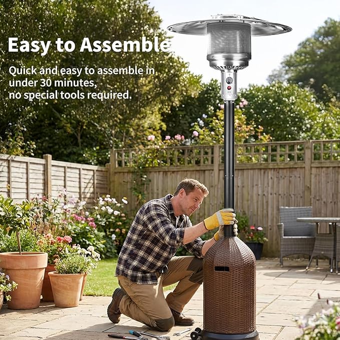 50,000 BTU Outdoor Propane Patio Heater with Wheels – Wicker-Style Propane Tank Cover, Weighted Base, Easy Ignition & Safety Tilt Shut-Off for Patio & Outdoor Living Spaces