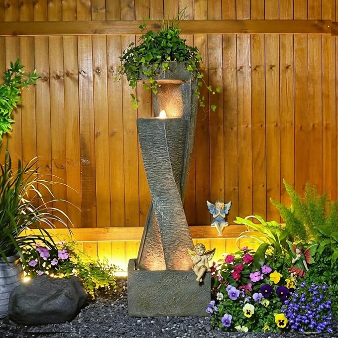 47.2" H Garden Fountains Outdoor Modern Water Fountain Indoor Floor Standing Large Waterfall with LED Lights and Pump for Patio Decor, Yard Decorations