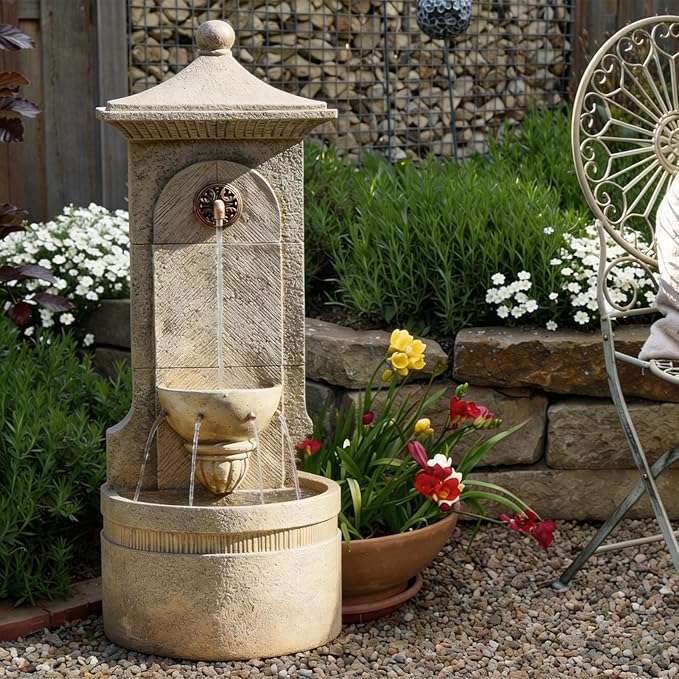 Outdoor Wall Fountain with LED Lights, 42.91” H Freestanding Garden Water Fountain, Large Floor Standing Patio Waterfall Feature, European Resin Flat Back Yard Courtyard Porch Déco