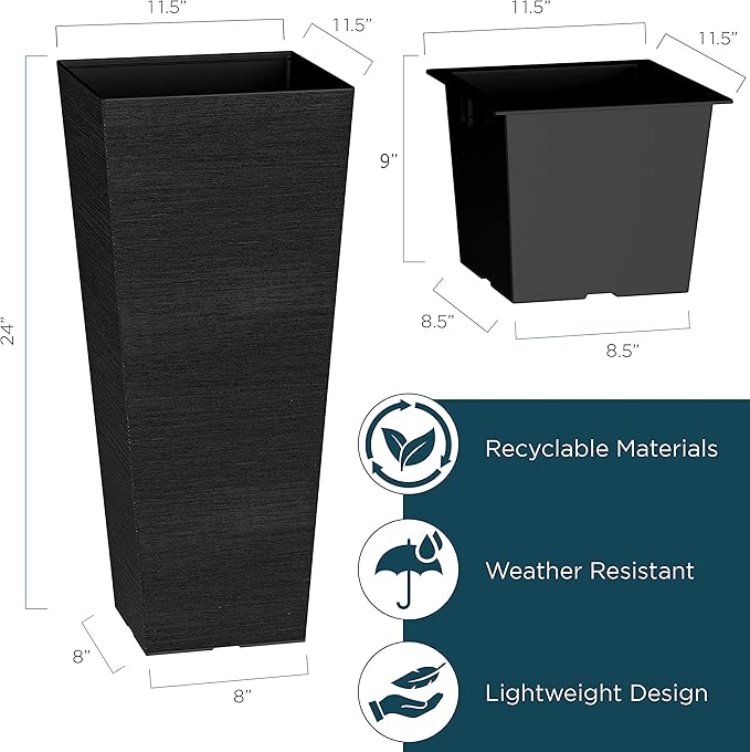 Verel Set of 2 Tall Outdoor Planters - 24 Inch Large with Small Planting Pots – Indoor and Outdoor Rectangular Flower Pots for Front Door, Patio and Deck (Black)