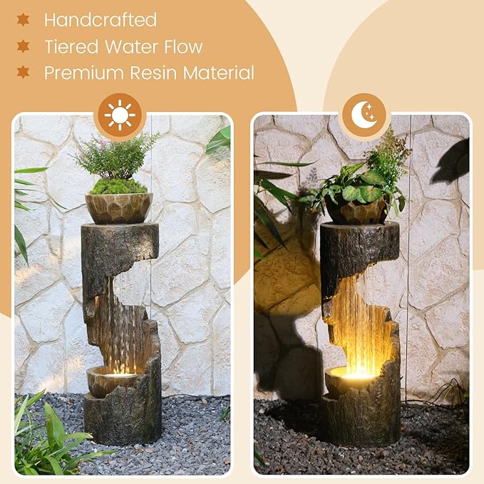 Outdoor Fountain Garden - Patio Waterfall Fountain with Lights, Rustic Wood-Style Cascading Waterfall with Planter Bird Feeder, Resin Water Feature for Deck, Patio, Backyard or Porch, 33.9" H