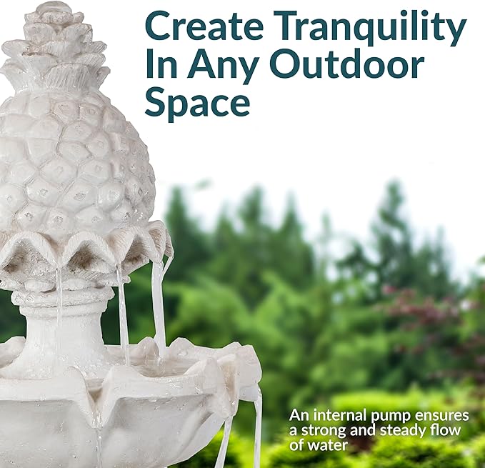 Sunnydaze 57" H Welcome 3-Tier Water Fountain - Large Electric Water Fountain with Pineapple Topper for Garden, Patio or Yard - White
