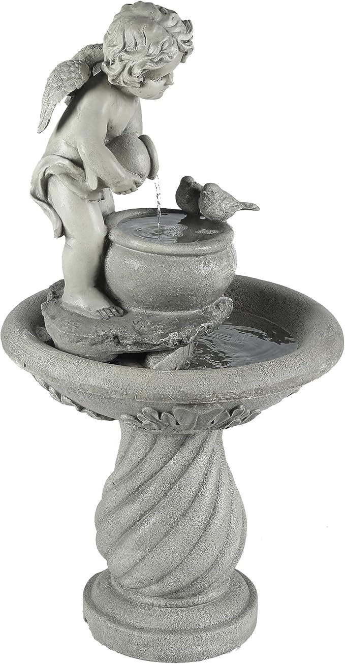LuxenHome 34 Inch Outdoor Water Fountain, Resin Cherub Angel Water Fountains Indoor and Outdoor, Angels and Bird Garden Water Fountain, Decorative Waterfall for Backyard