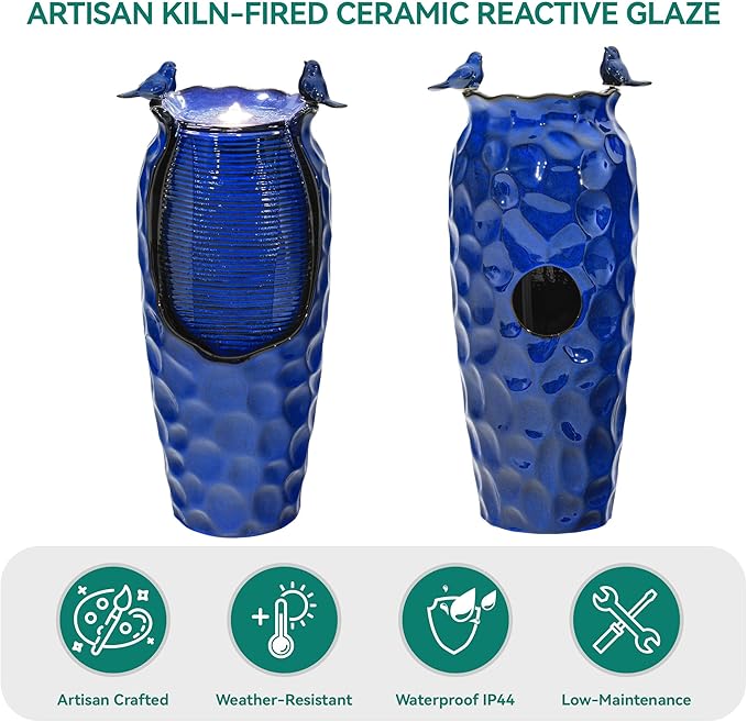 32.5" H Ceramic Jar Outdoor Fountain, Honeycomb Pot Water Feature with LED Lights, Soothing Trickling Waterfall for Garden, Patio, Yard, Balcony Oasis, KD Vivid Birds, Cobalt Blue Glaze