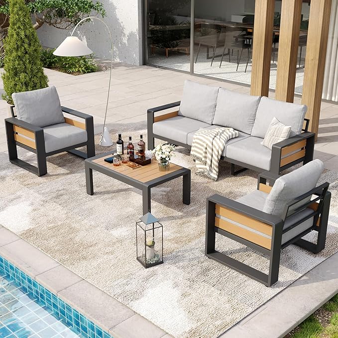 Aoxun Aluminum Patio Furniture Set, 5 Seats Luxury Outdoor Sectional with 6" Olefin Fabric Cushions, Patio Conversation Sets with Coffee Table Outdoor Sofas for Backyard, Deck, Porch Light Grey