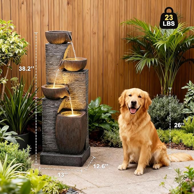38.2" Tall Outdoor Water Fountain,Stone Texture Modern 4 Tiers Cascading Bowls Garden Fountains Outdoor,Suit for Patio, Deck, Porch, Lawns, Backyard and Home Art Decor