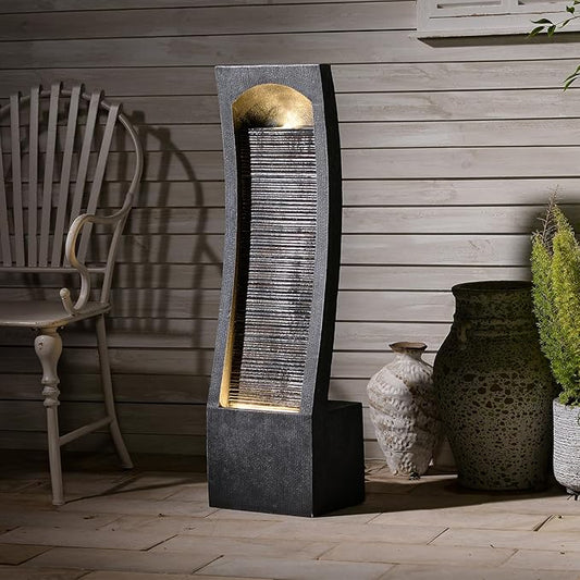 Modern Indoor Water Fountain Curved Faux Slate Waterfall Fountain with LED Lighting, 42.5-Inch Tall Tiered Waterfall Fountains for Garden, Patio, Backyard Decor - Durable and Weather-Resistant Design