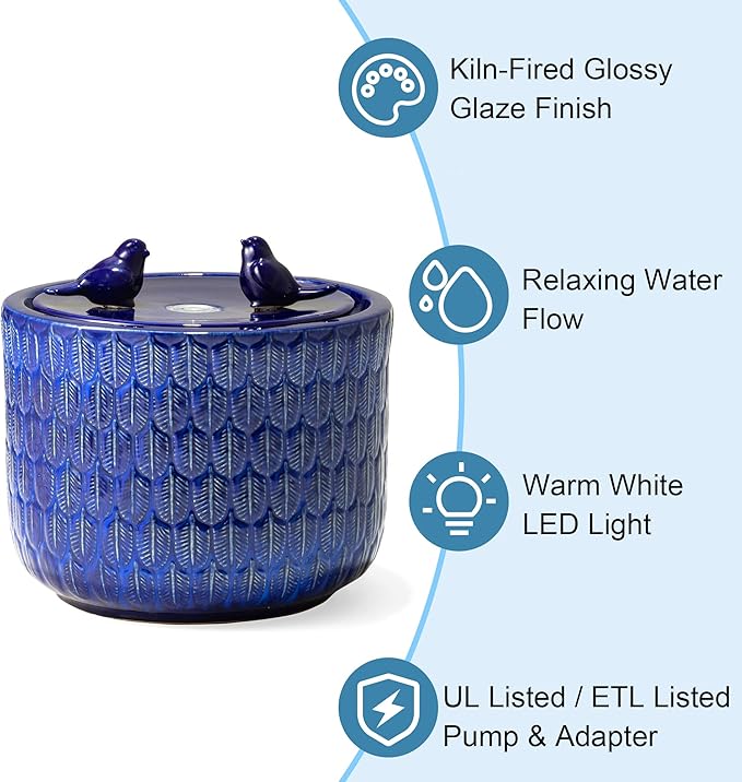 Glitzhome 14.75”H Outdoor Ceramic Garden Water Fountain with LED Lights and Pump, Two Birds Embossed Leaf Pattern Patio Fountain Floor Standing Bird Bath Fountains for Porch Deck Backyard, Cobalt Blue