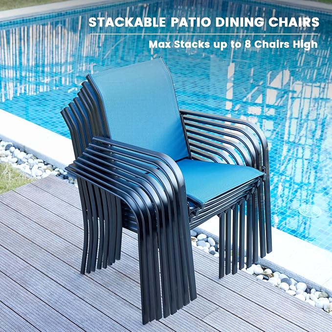 VICLLAX Outdoor Dining Set for 2, Small Patio Table and Chairs Set of Stackable Patio Sling Chairs and Square Dining Table for Front Porch, Blue Fabric and Black Table - Image 2