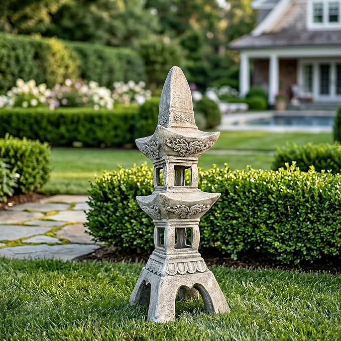 35.5’’High Asian Zen Pagoda Magnesium Oxide Tall Lantern Statue Outdoor Sculpture for Garden Backyard Decor Pagoda Statue Miniature Tower Lantern Landscape Garden Decoration