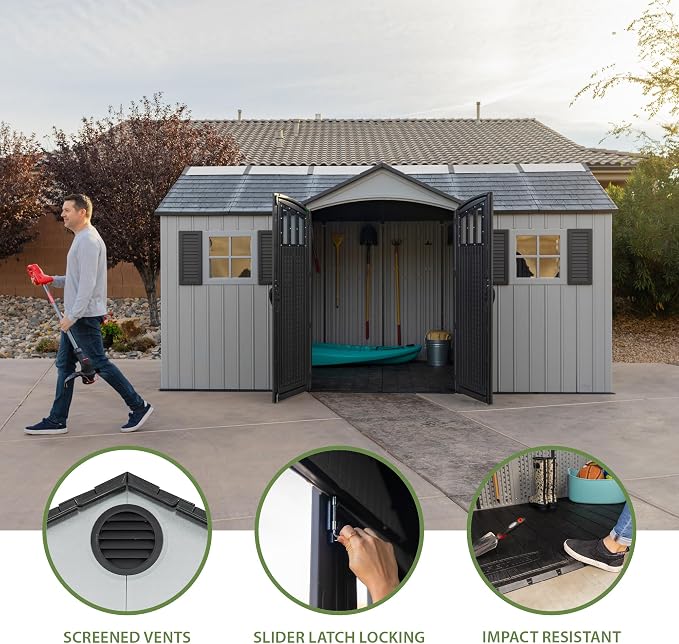 Lifetime Outdoor Storage Shed, 15x8 Ft, Gray, Resin Backyard Tool Shed with Lockable Doors and Weather-Resistant Panels - Image 2