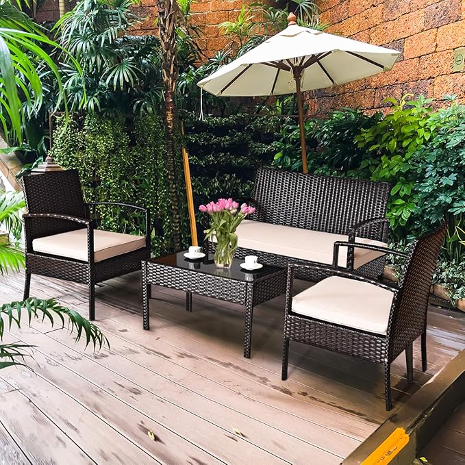 4 Pieces Patio Furniture Set, Wicker Conversation Set with Water-Resistant Cushion & Tempered Glass Table, Porch Deck Furniture Outdoor Rattan Chair for Backyard, Balcony(Beige)